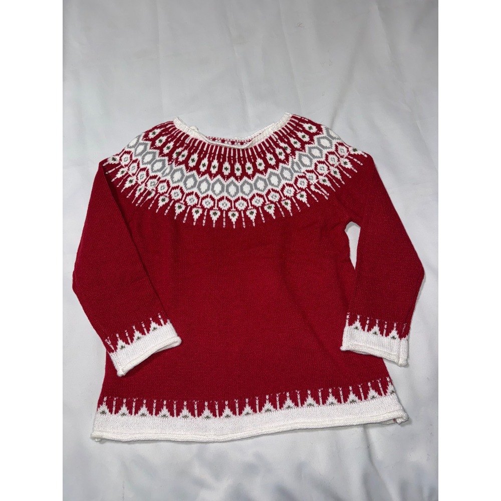 Handmade Nordic Fair Isle Knit Sweater Red White Grey‎ Pullover Mens Medium